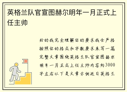 英格兰队官宣图赫尔明年一月正式上任主帅 英格兰队官宣图赫尔明年一月正式上任主帅